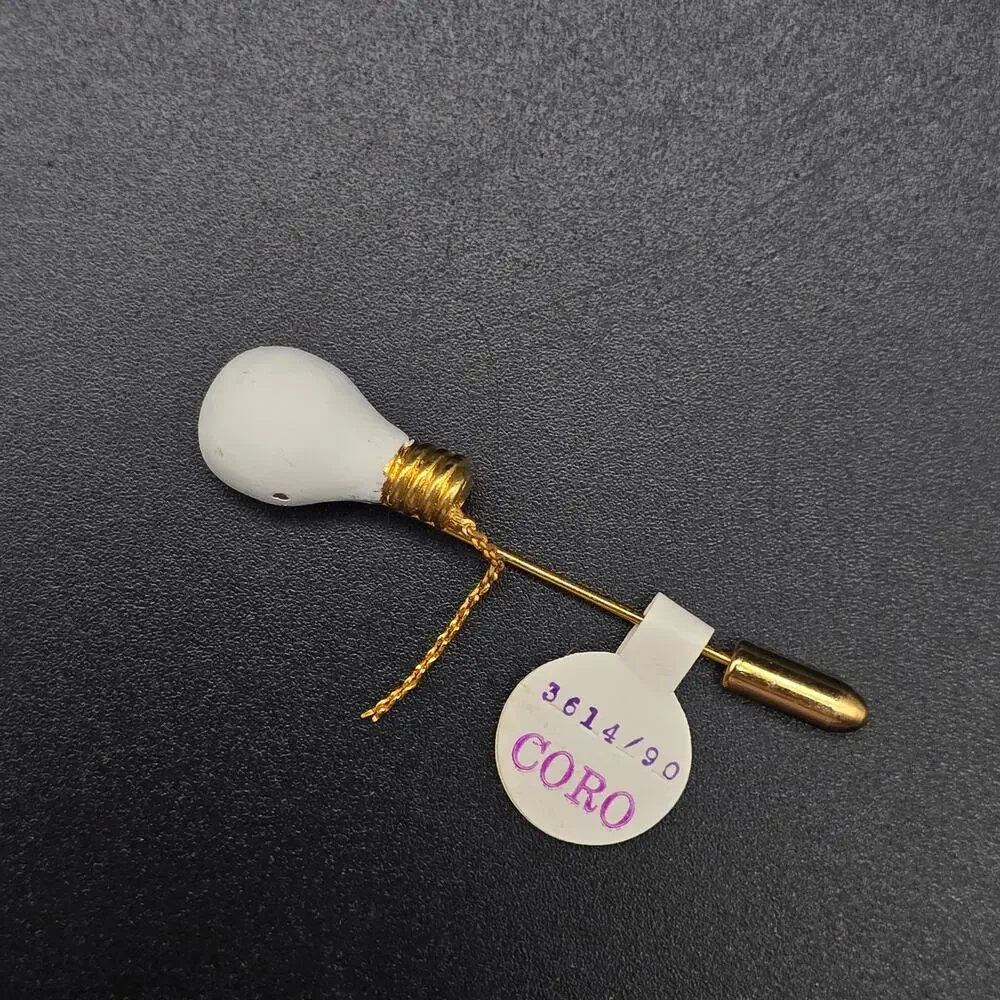 Coro Light Bulb Stick Pin Gold Tone White Enamel Vintage Jewelry